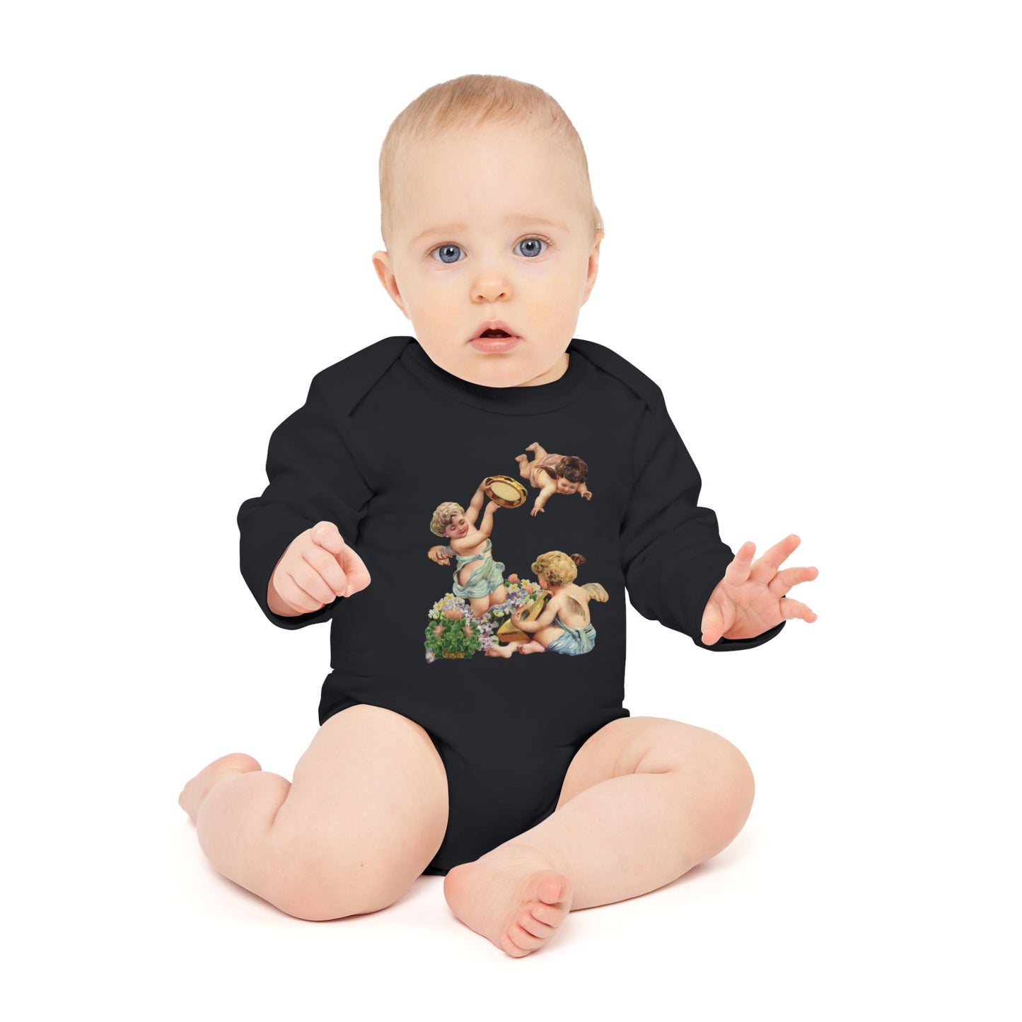 Victorian Organics baby bodysuit cotton long sleeve cherub musicians