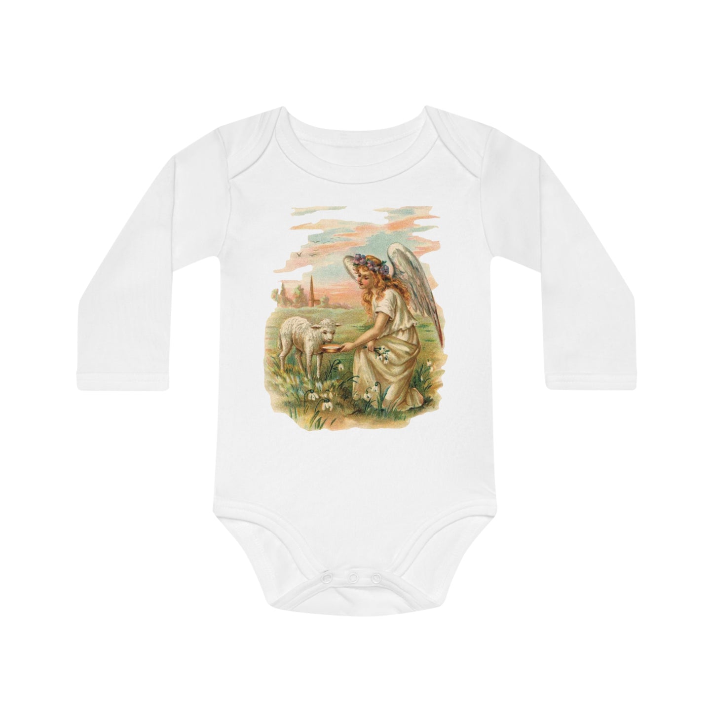 Victorian Organics baby bodysuit cotton long sleeve angel with lamb