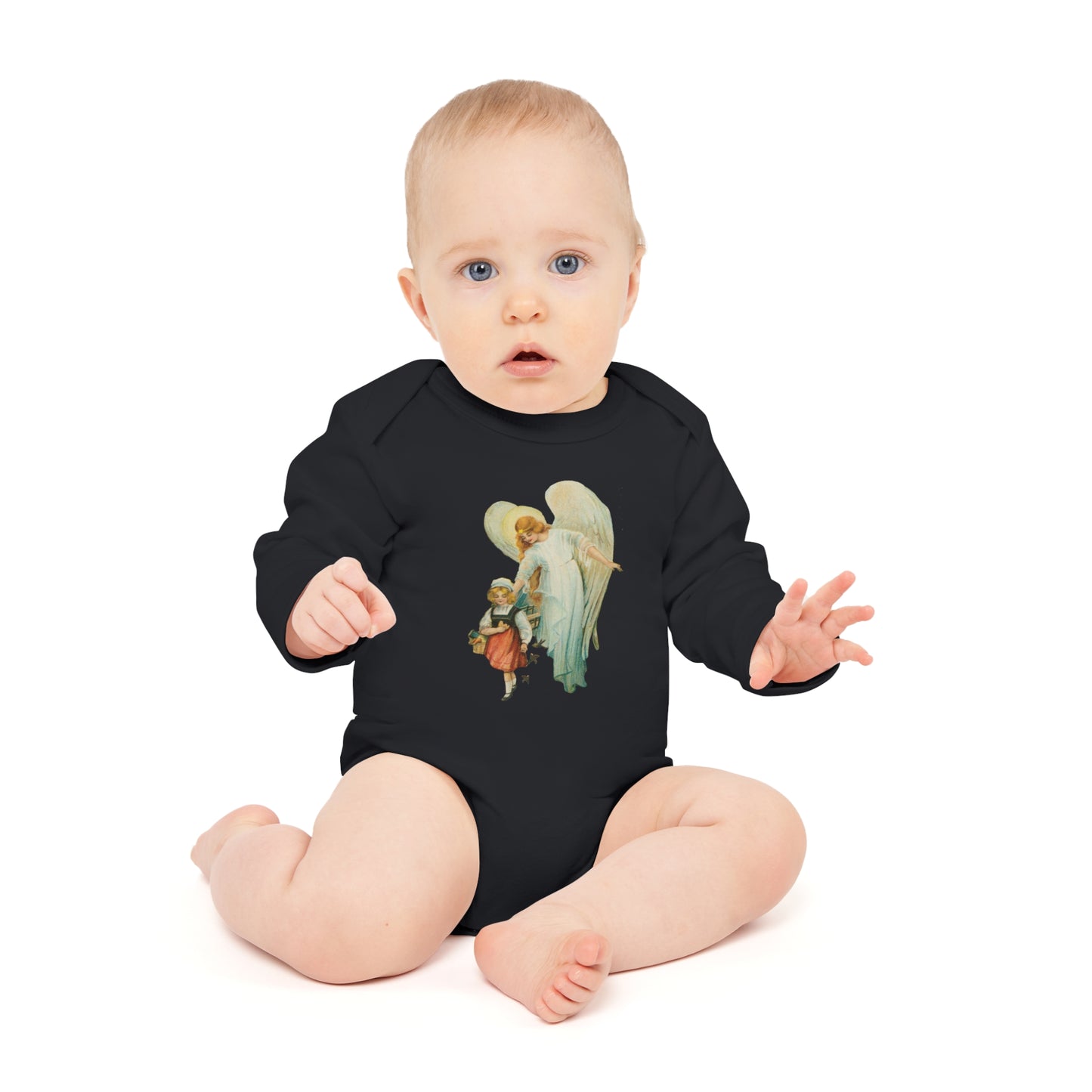 Victorian Organics baby bodysuit cotton long sleeve guardian angel