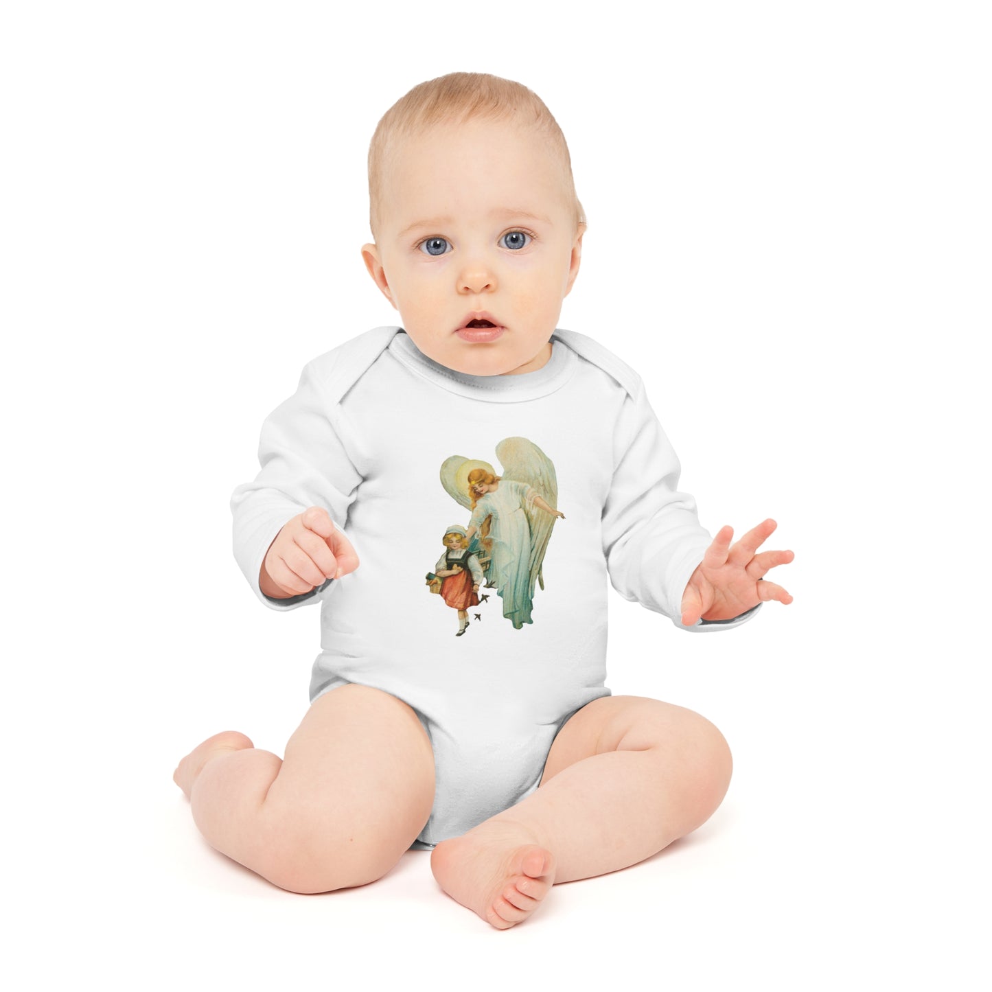 Victorian Organics baby bodysuit cotton long sleeve guardian angel