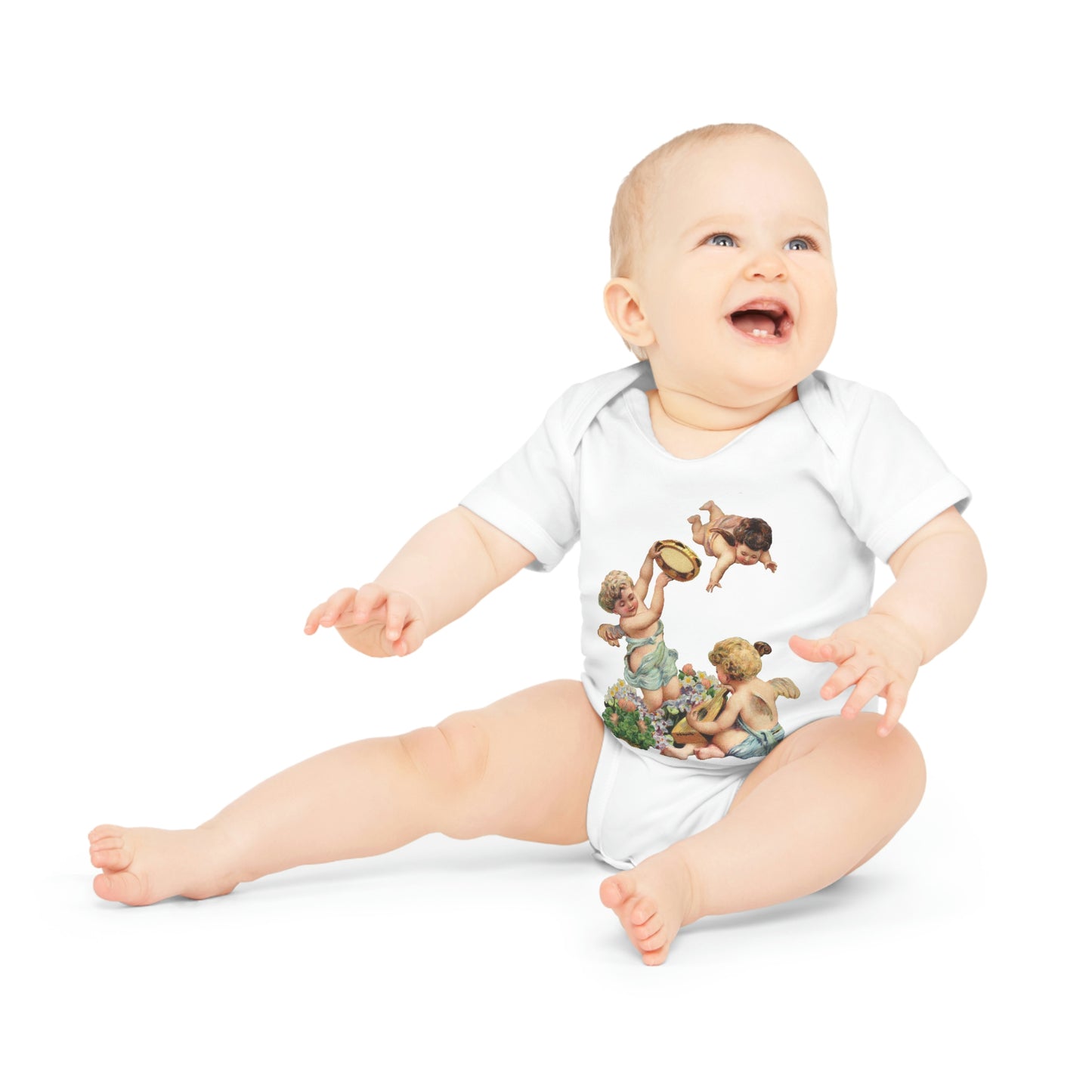 Victorian Organics baby bodysuit cotton short sleeve cherub musicians