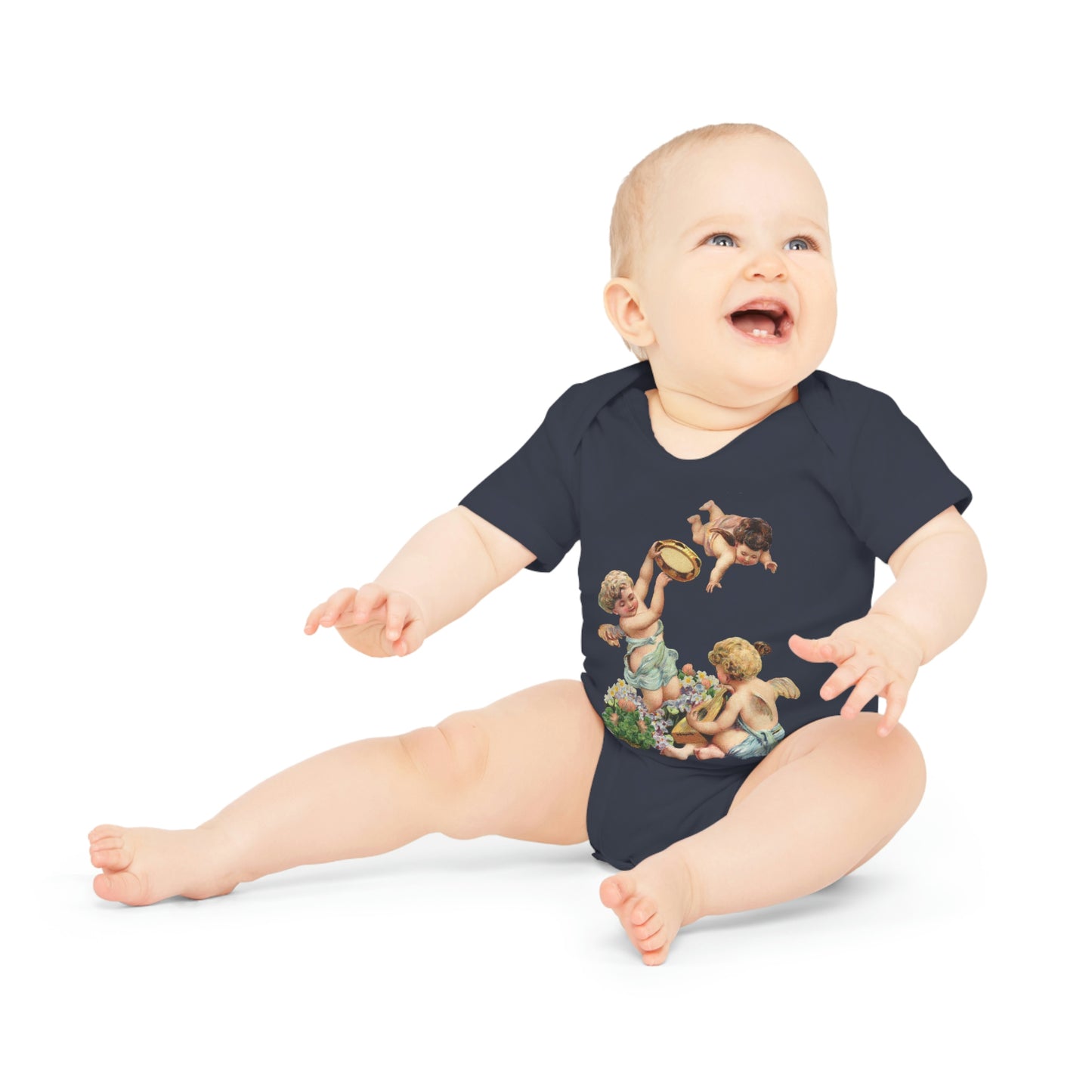 Victorian Organics baby bodysuit cotton short sleeve cherub musicians