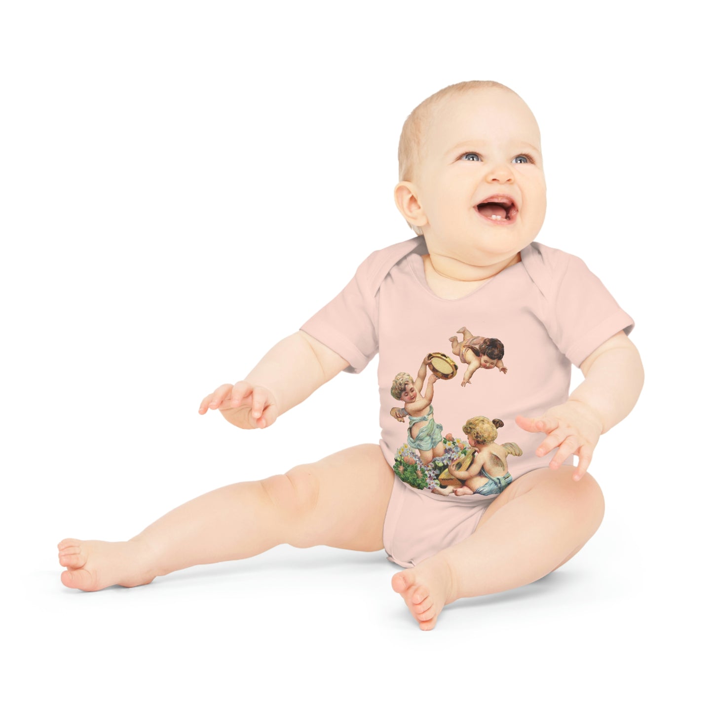 Victorian Organics baby bodysuit cotton short sleeve cherub musicians