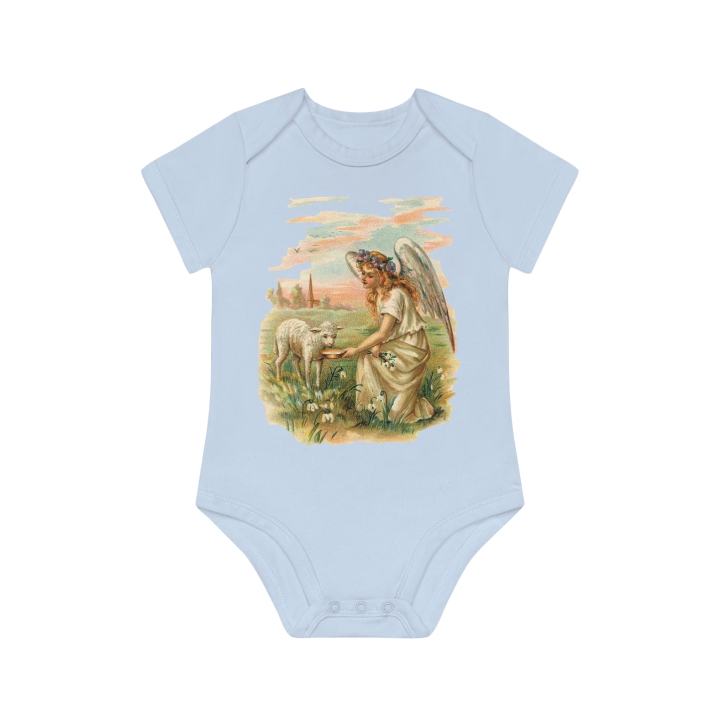 Victorian Organics baby bodysuit cotton short sleeve angel with lamb