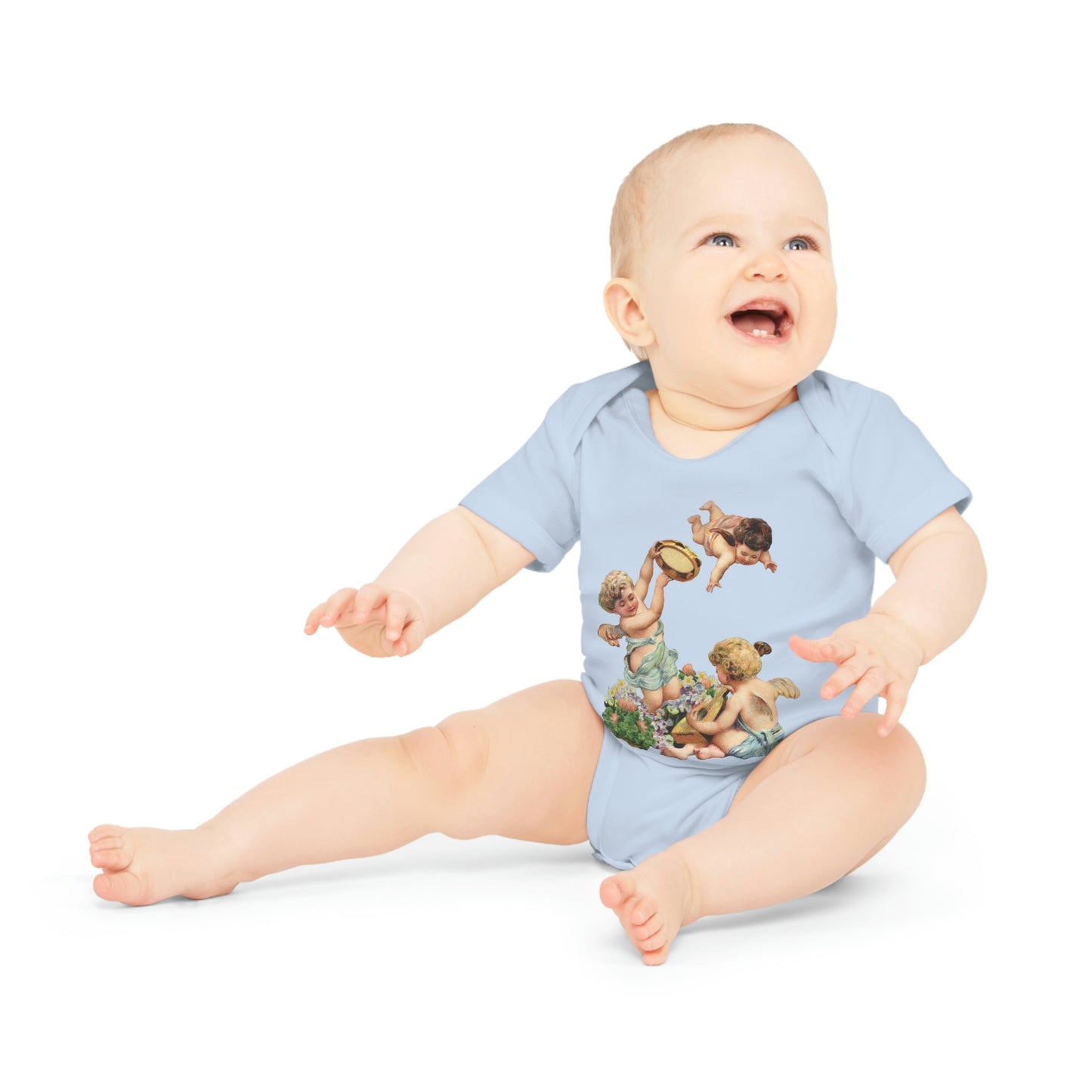 Victorian Organics baby bodysuit cotton short sleeve cherub musicians