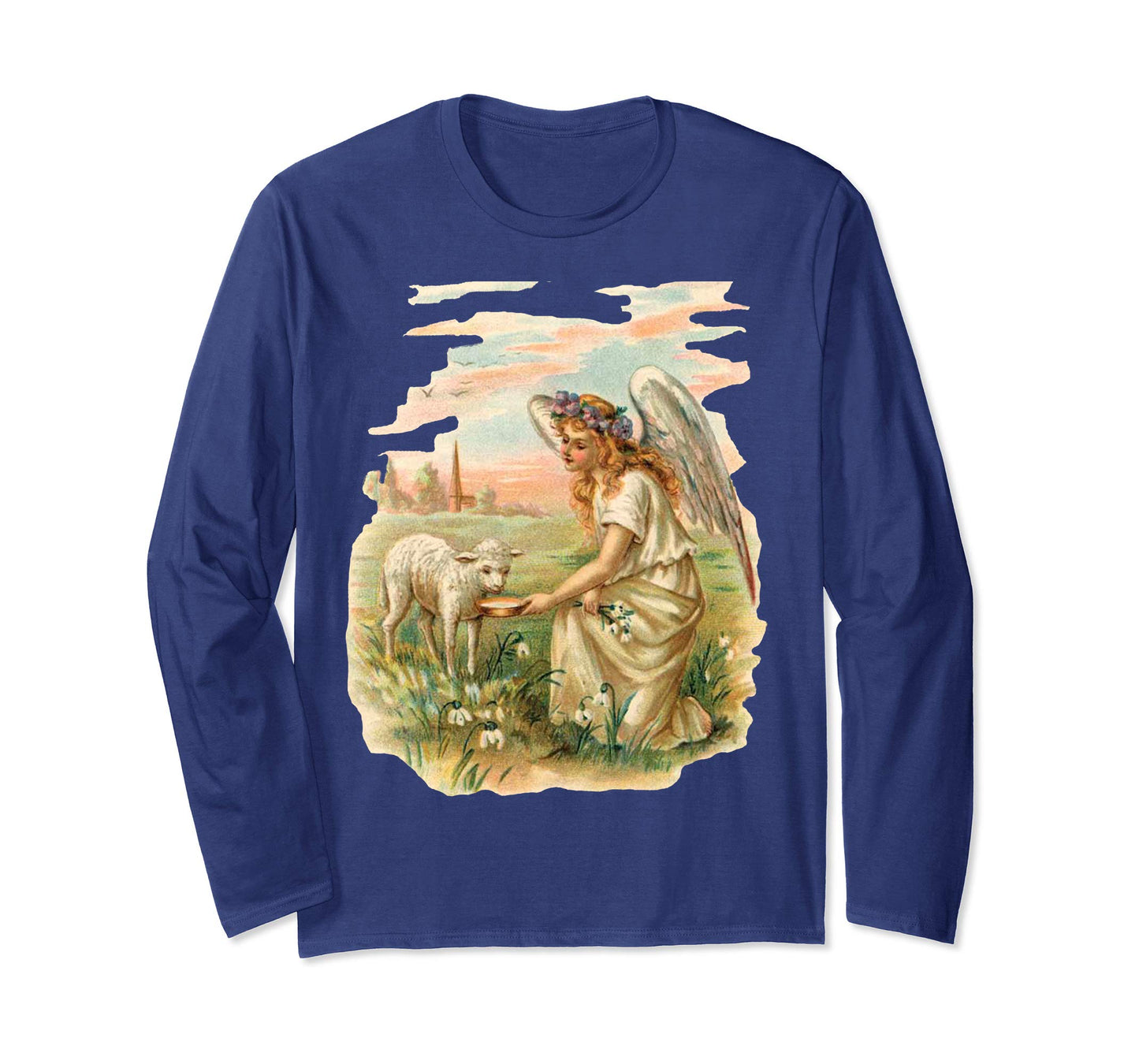 Unisex Long Sleeve T-Shirt Angel Feeding Lamb Navy Blue