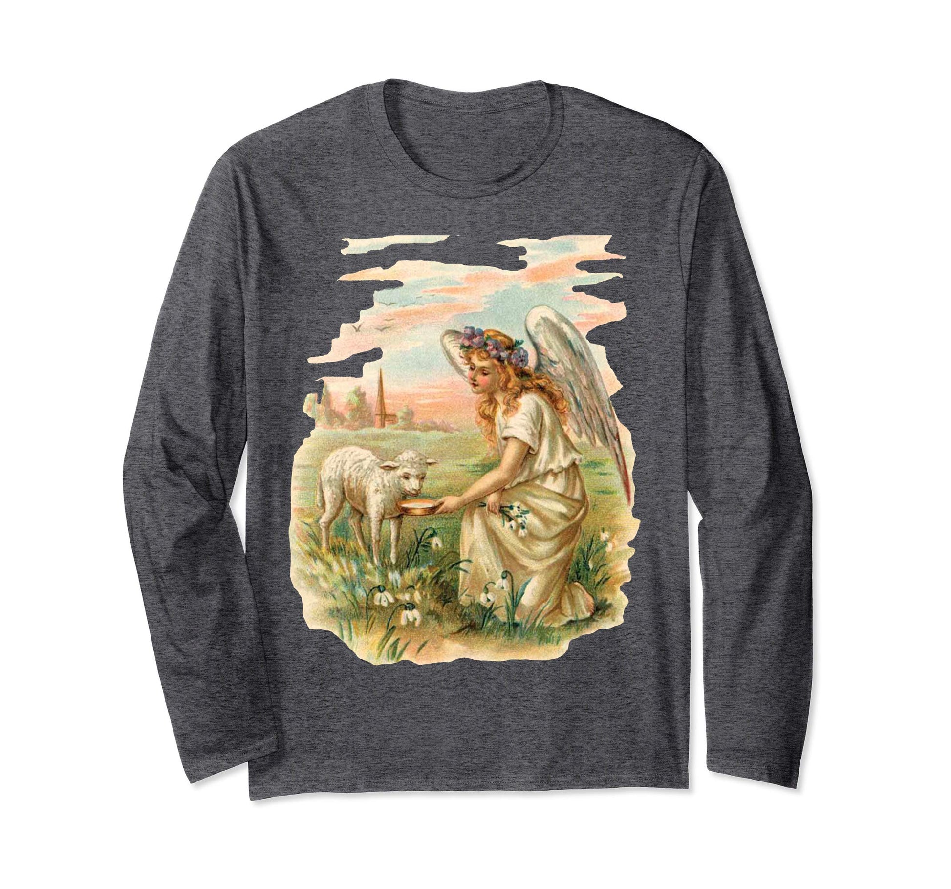 Unisex Long Sleeve T-Shirt Angel Feeding Lamb Grey