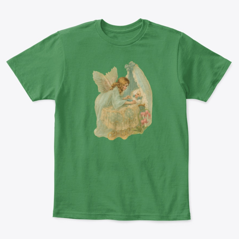 Kids Cotton Tee Classic T-Shirt Angel over Bassinet Kelly Green Front