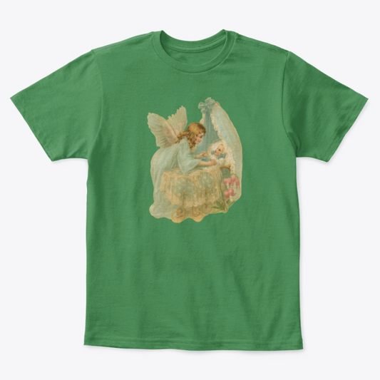 Kids Cotton Tee Classic T-Shirt Angel over Bassinet Kelly Green Front