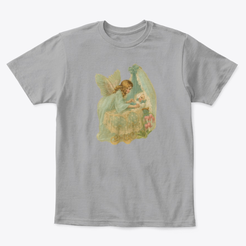Kids Cotton Tee Classic T-Shirt Angel over Bassinet Light Heather Grey Front