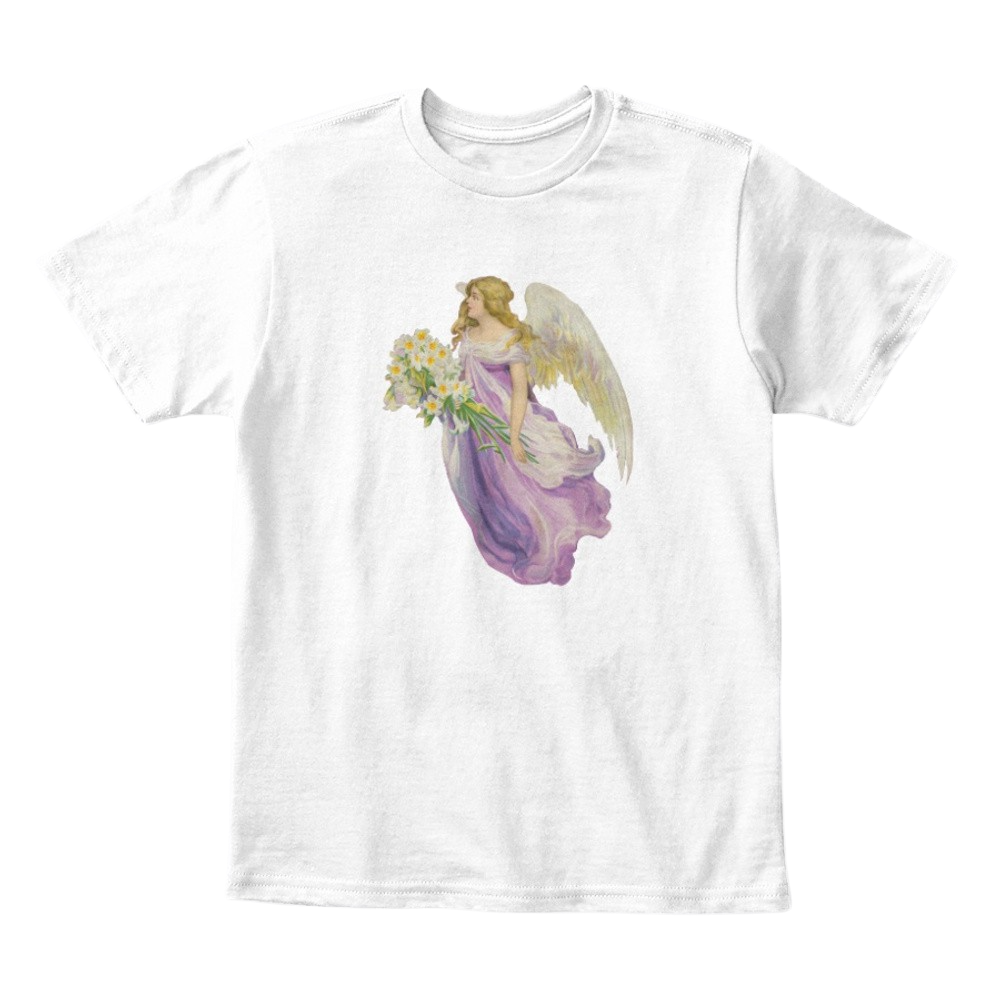 Kids Cotton Tee Classic T-Shirt with Angel in Purple with Lilies Art Print White Front