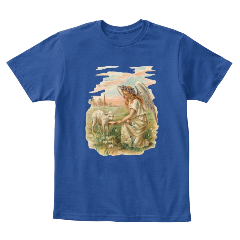 Mythic Art Clothing Kids Cotton Tee Classic T-Shirt with Antique Angel Feeding a Lamb Deep Royal Front