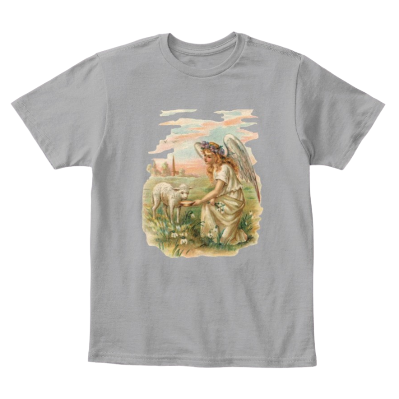 Mythic Art Clothing Kids Cotton Tee Classic T-Shirt with Antique Angel Feeding a Lamb Light Heather Grey Front