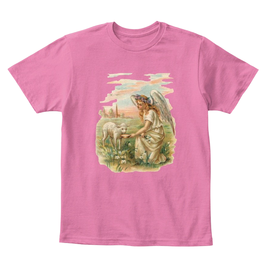 Mythic Art Clothing Kids Cotton Tee Classic T-Shirt with Antique Angel Feeding a Lamb True Pink Front