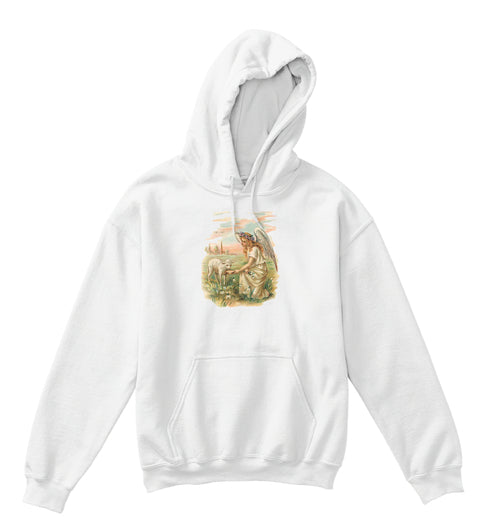 Kids Hoodie Sweatshirt with Antique Angel Feeding a Lamb Art Print