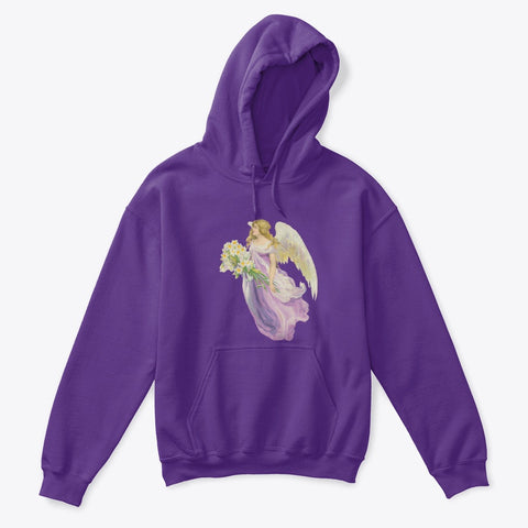 Kids Hoodie Sweatshirt with Angel in Purple Carrying Lilies