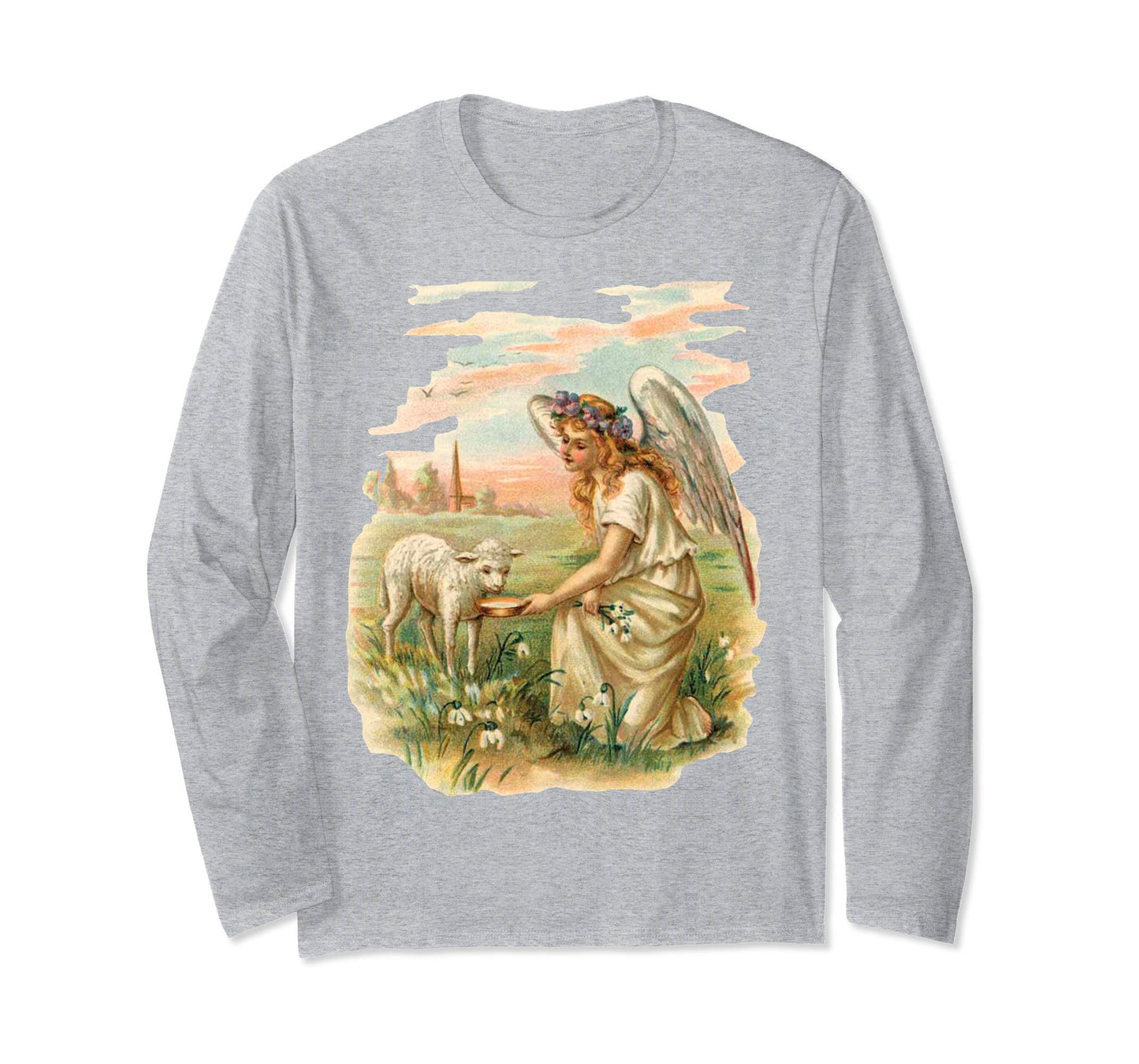 Unisex Long Sleeve T-Shirt Angel Feeding Lamb Light Grey