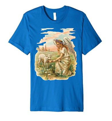 Unisex Cotton Tee T-shirt with Antique Angel Feeding a Lamb Art Print