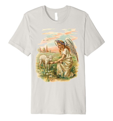 Unisex Cotton Tee T-shirt with Antique Angel Feeding a Lamb Art Print