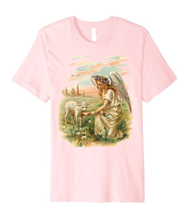Unisex Cotton Tee T-shirt with Antique Angel Feeding a Lamb Art Print