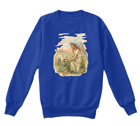 Kids Crewneck Sweatshirt with Antique Angel Feeding a Lamb