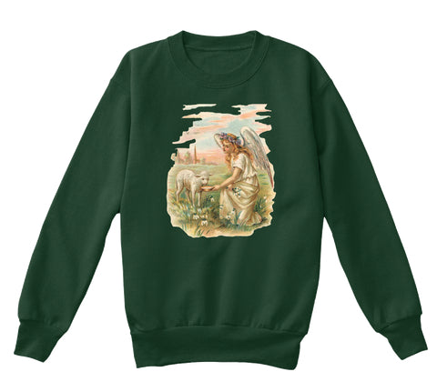 Kids Crewneck Sweatshirt with Antique Angel Feeding a Lamb