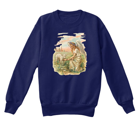 Kids Crewneck Sweatshirt with Antique Angel Feeding a Lamb