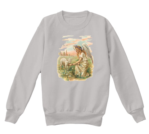 Kids Crewneck Sweatshirt with Antique Angel Feeding a Lamb
