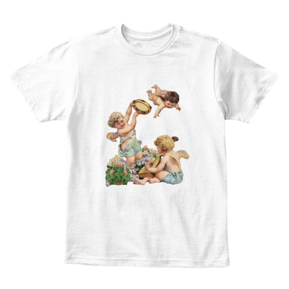 Mythic Art Clothing Kids Cotton Tee Classic T-Shirt with Cherubs Playing Music Art Print White Front
