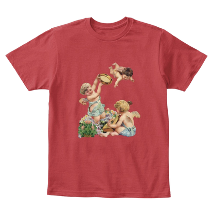Mythic Art Clothing Kids Cotton Tee Classic T-Shirt with Cherubs Playing Music Art Print Classic Red Front