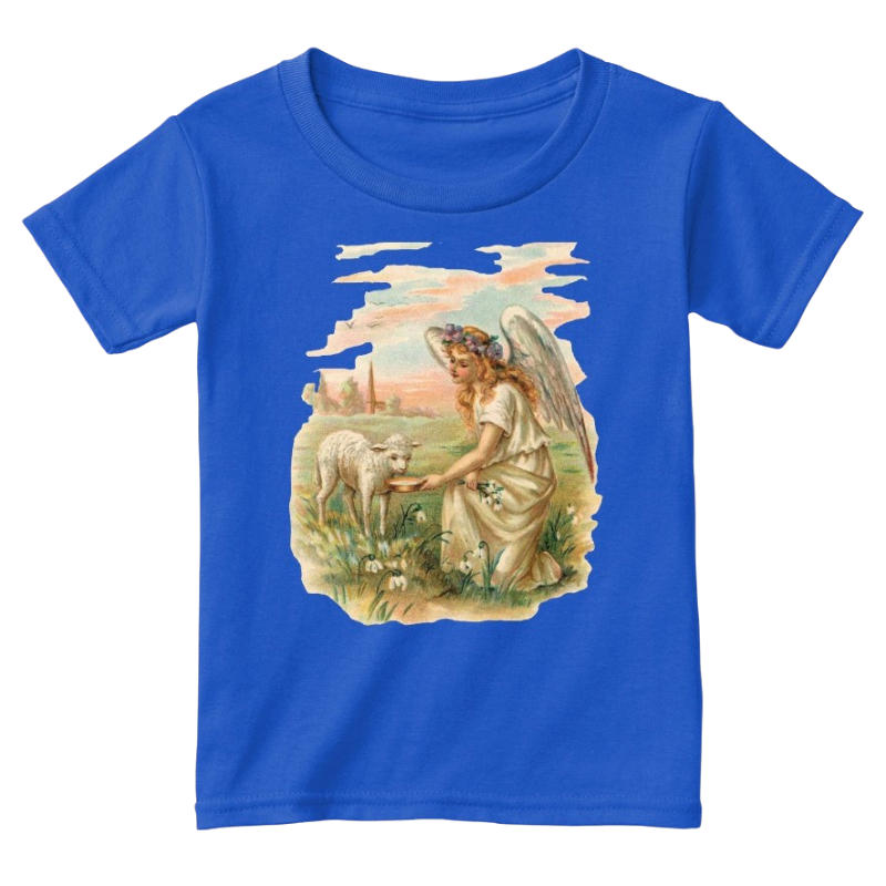Mythic Art Clothing Toddler Classic Cotton Tee Angel Feeding a Lamb Print Royal Front