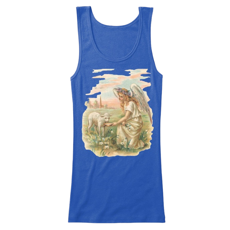 Mythic_Art_Clothing Womens Cotton Tank Top with Antique Angel Feeding a Lamb True Royal Front