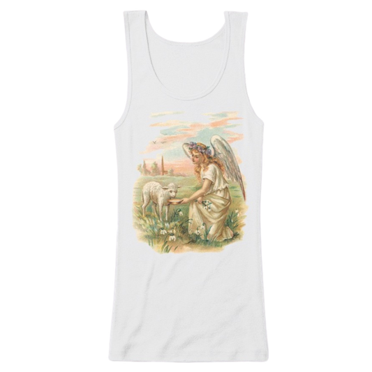 Mythic Art Clothing Womens Cotton Tank Top with Antique Angel Feeding a Lamb White Front