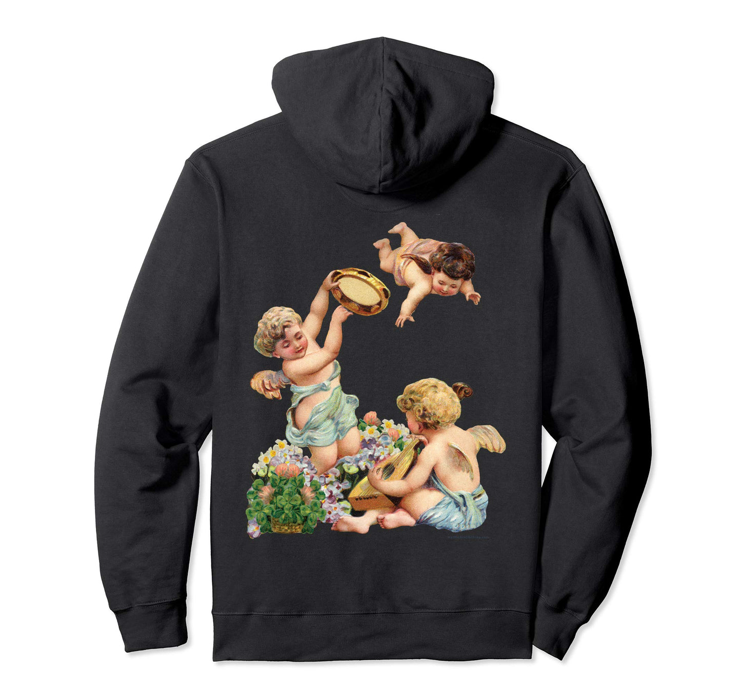 Unisex Pullover Hoodie Sweatshirt with Cherubs Playing Music Black