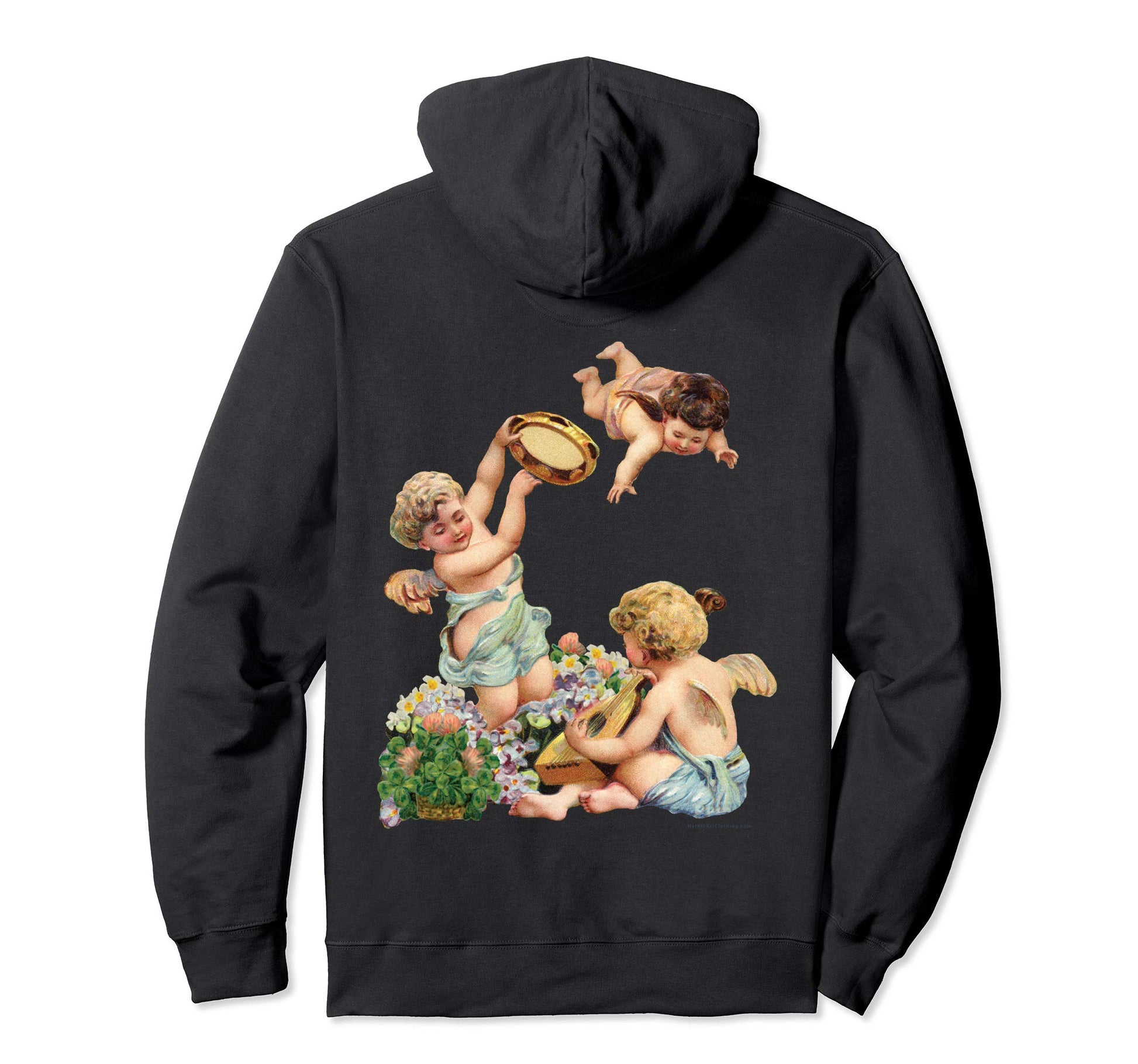 Unisex Pullover Hoodie Sweatshirt with Cherubs Playing Music Black