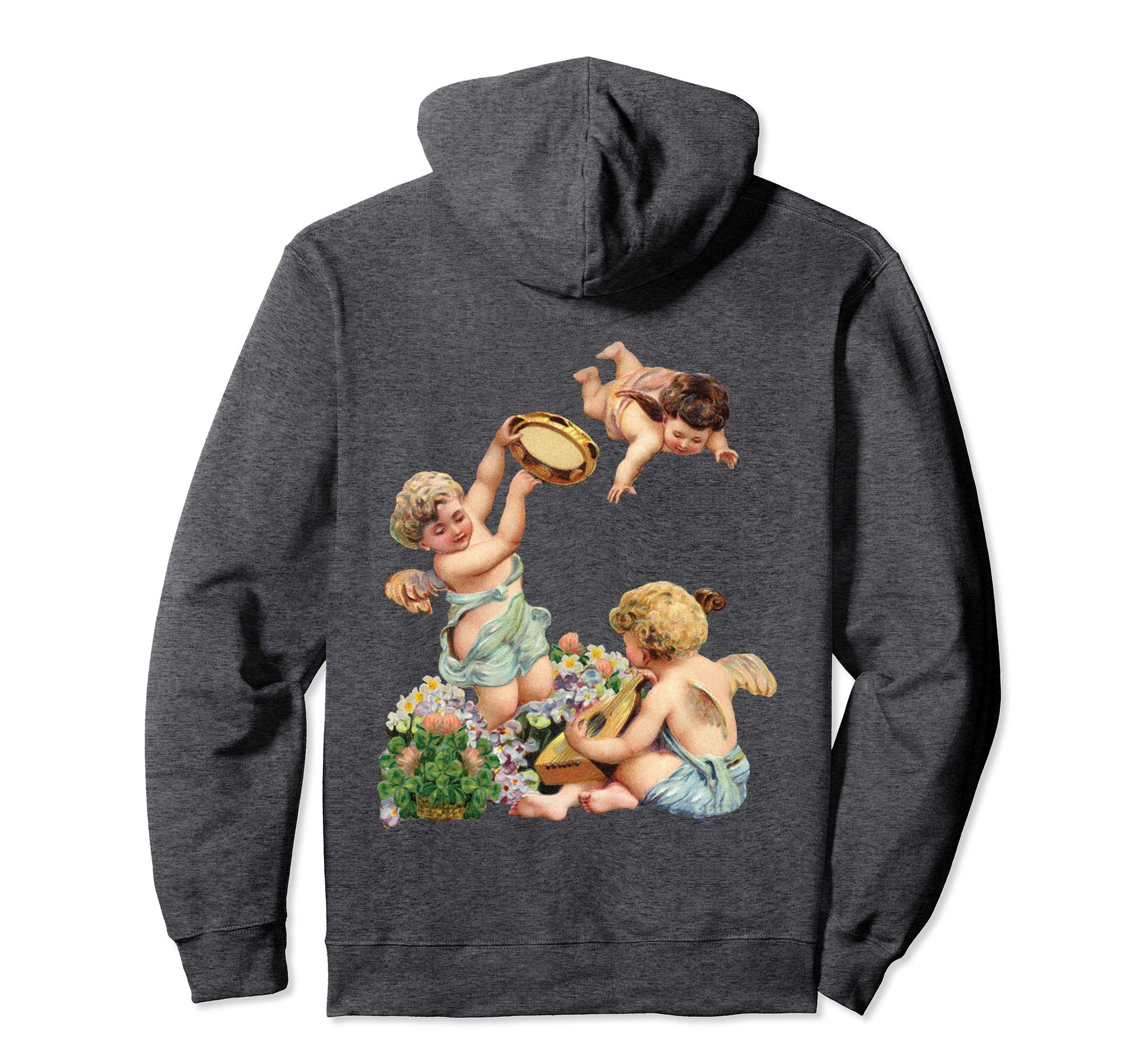 Unisex Pullover Hoodie Sweatshirt with Cherubs Playing Music Grey