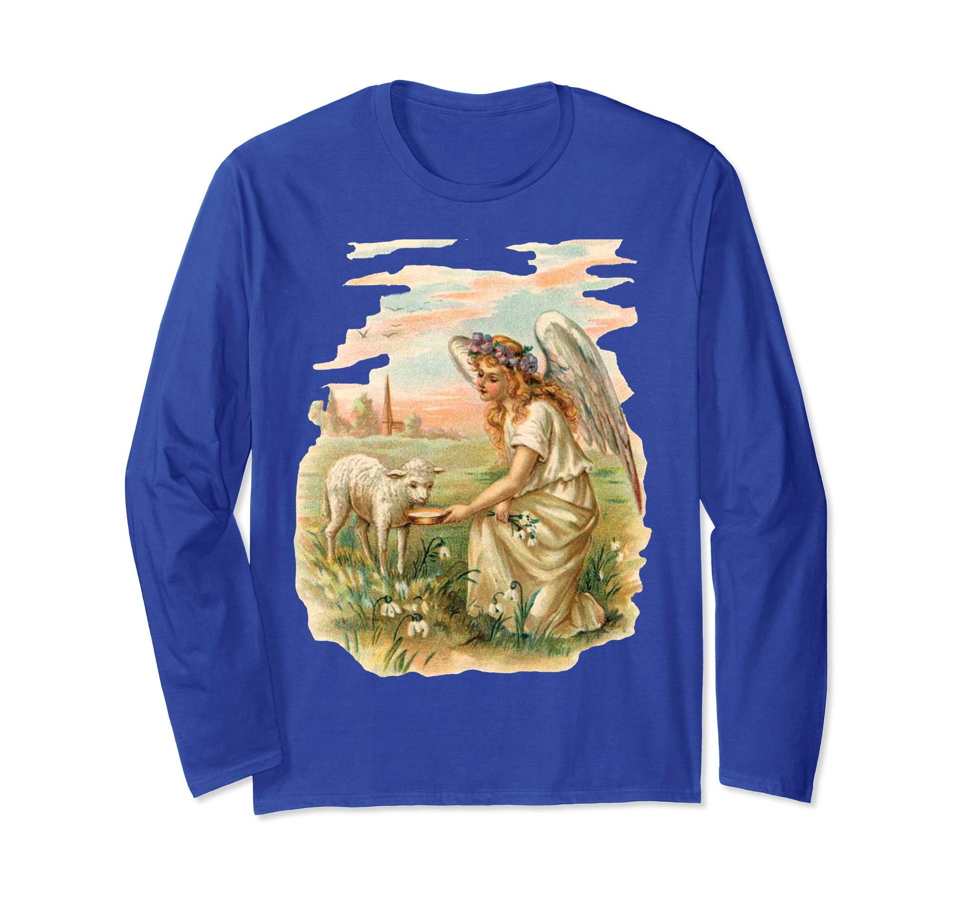 Unisex Long Sleeve T-Shirt Angel Feeding Lamb Royal Blue