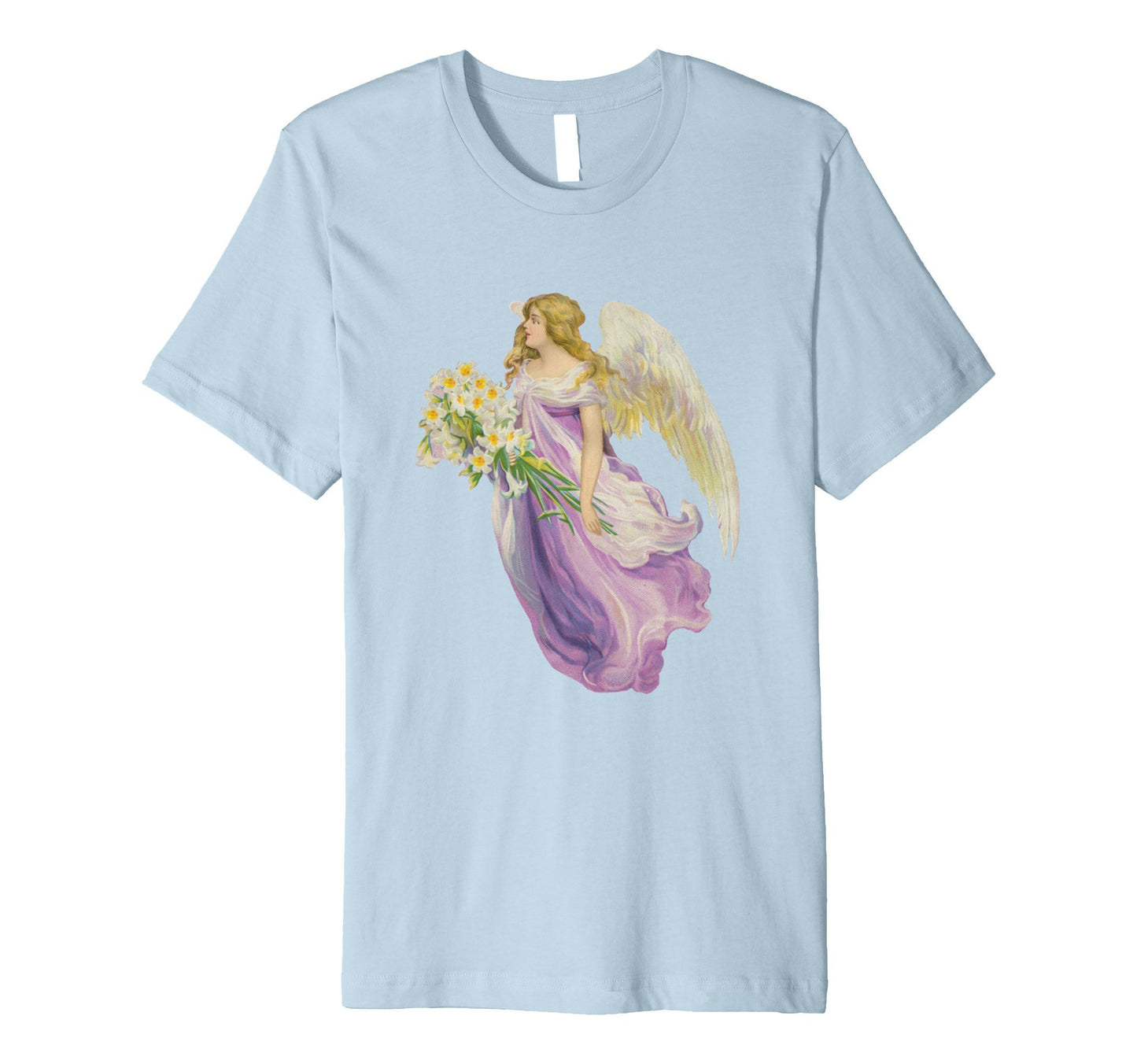 Unisex Cotton Tee Premium T-shirt Angel in Purple with Lilies Art