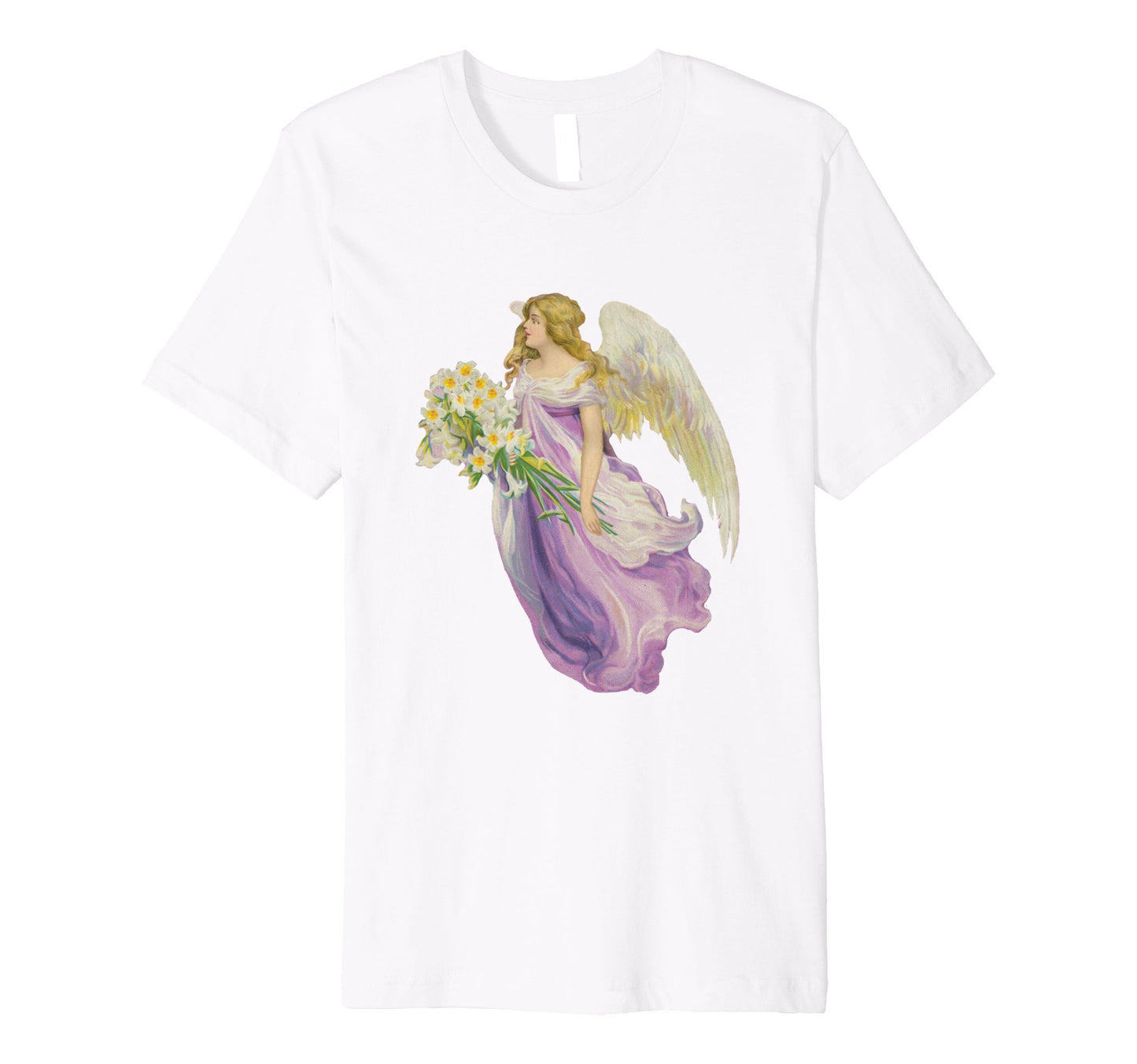 Unisex Cotton Tee Premium T-shirt Angel in Purple with Lilies Art