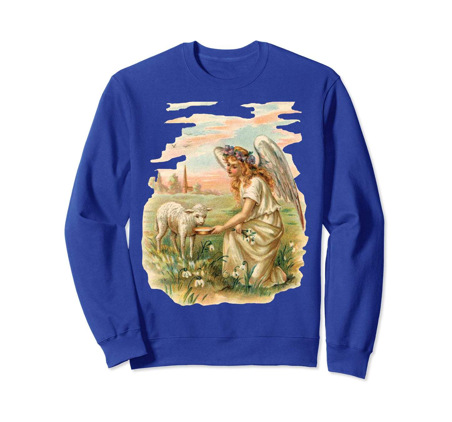 Unisex Crewneck Sweatshirt Angel Feeding Lamb Royal Blue