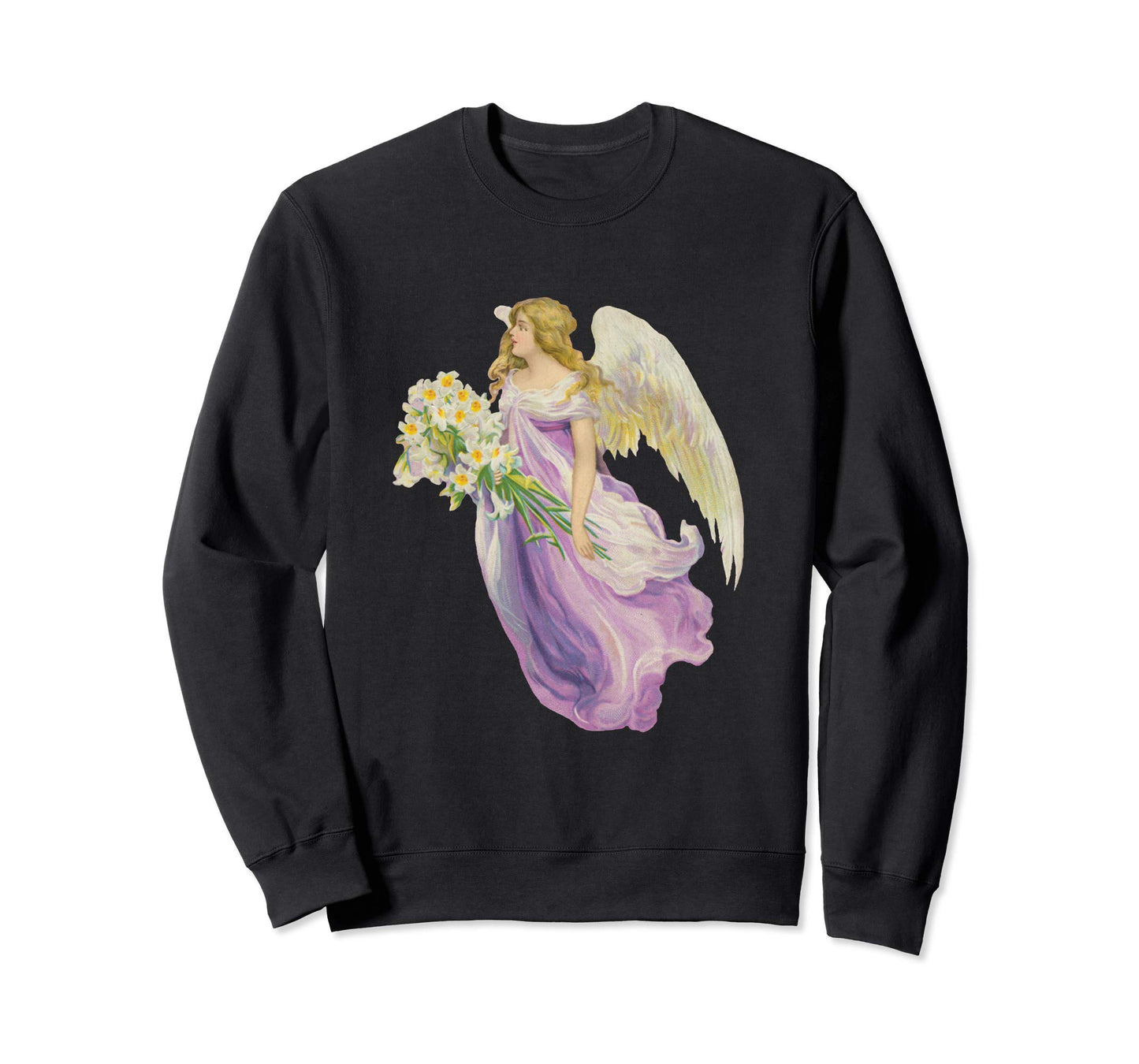 Unisex Crewneck Sweatshirt Angel in Purple with Lilies Black