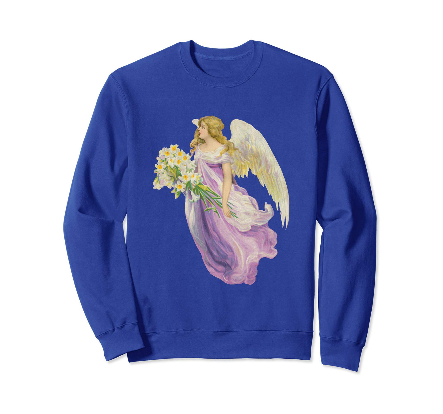 Unisex Crewneck Sweatshirt Angel in Purple with Lilies Royal Blue