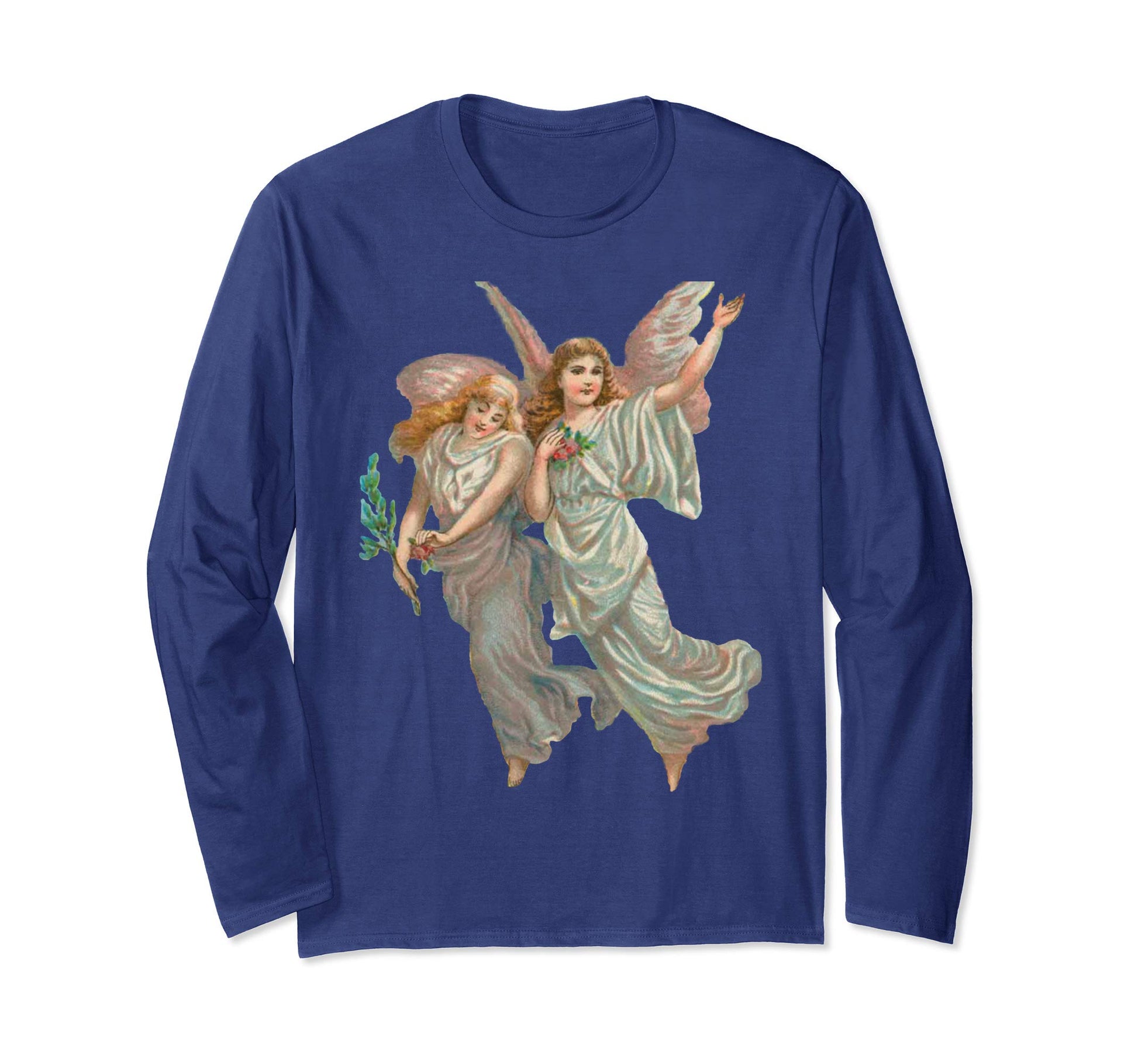 Unisex Long Sleeve T-Shirt Heavenly Angel Art in Navy Blue