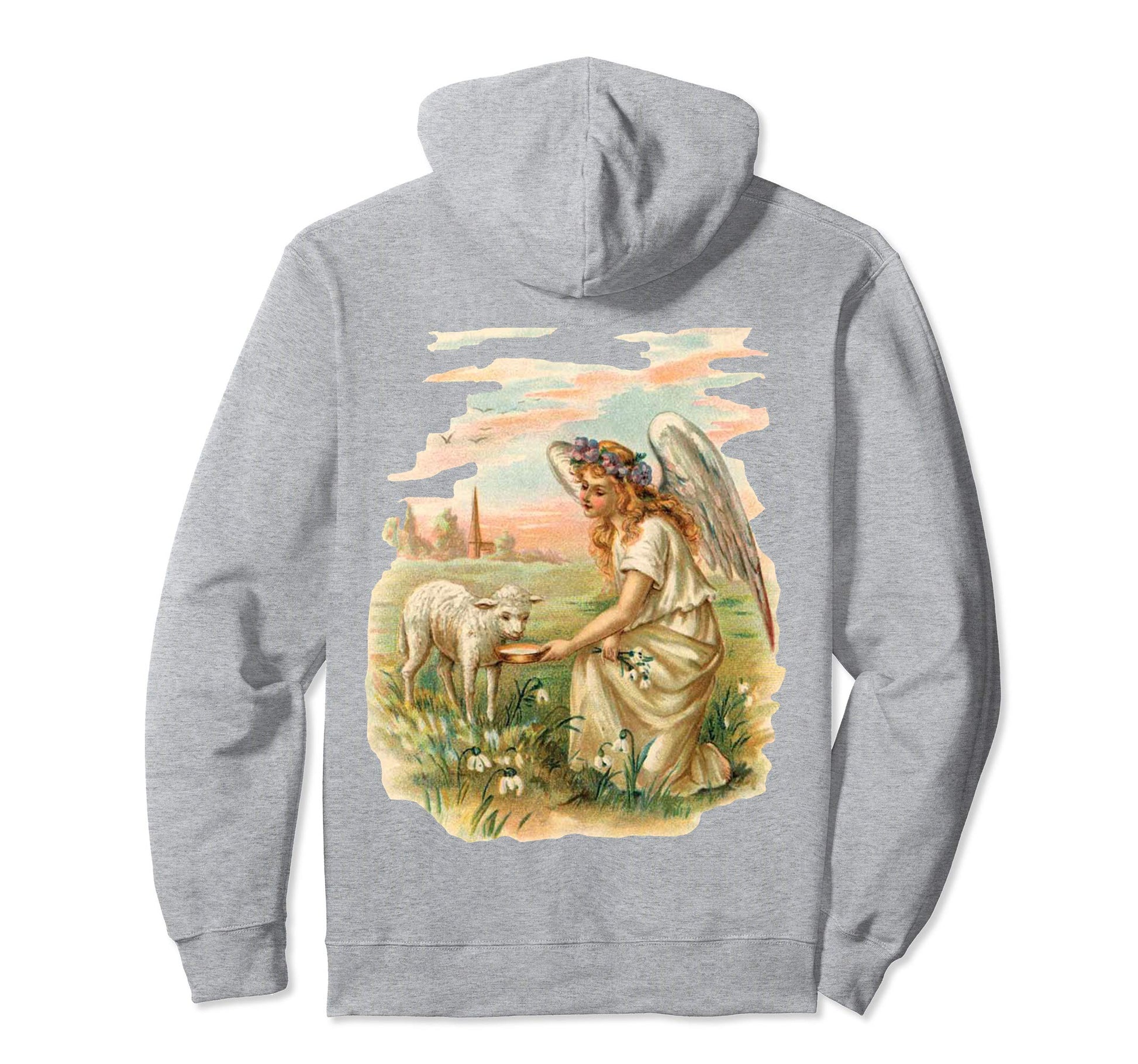 Pullover Hoodie Sweatshirt with Angel Feeding Lamb Grey