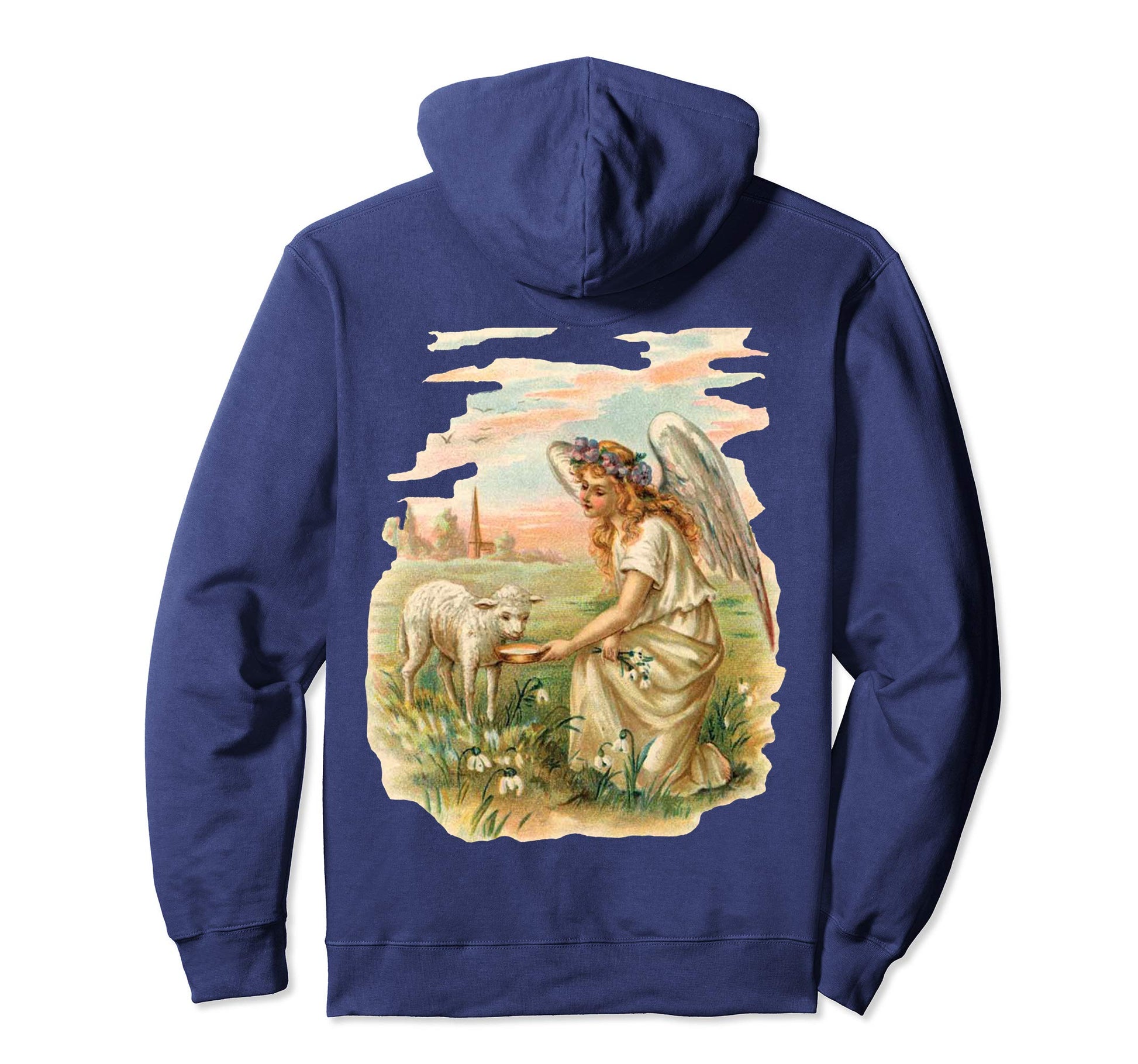Pullover Hoodie Sweatshirt with Angel Feeding Lamb Navy