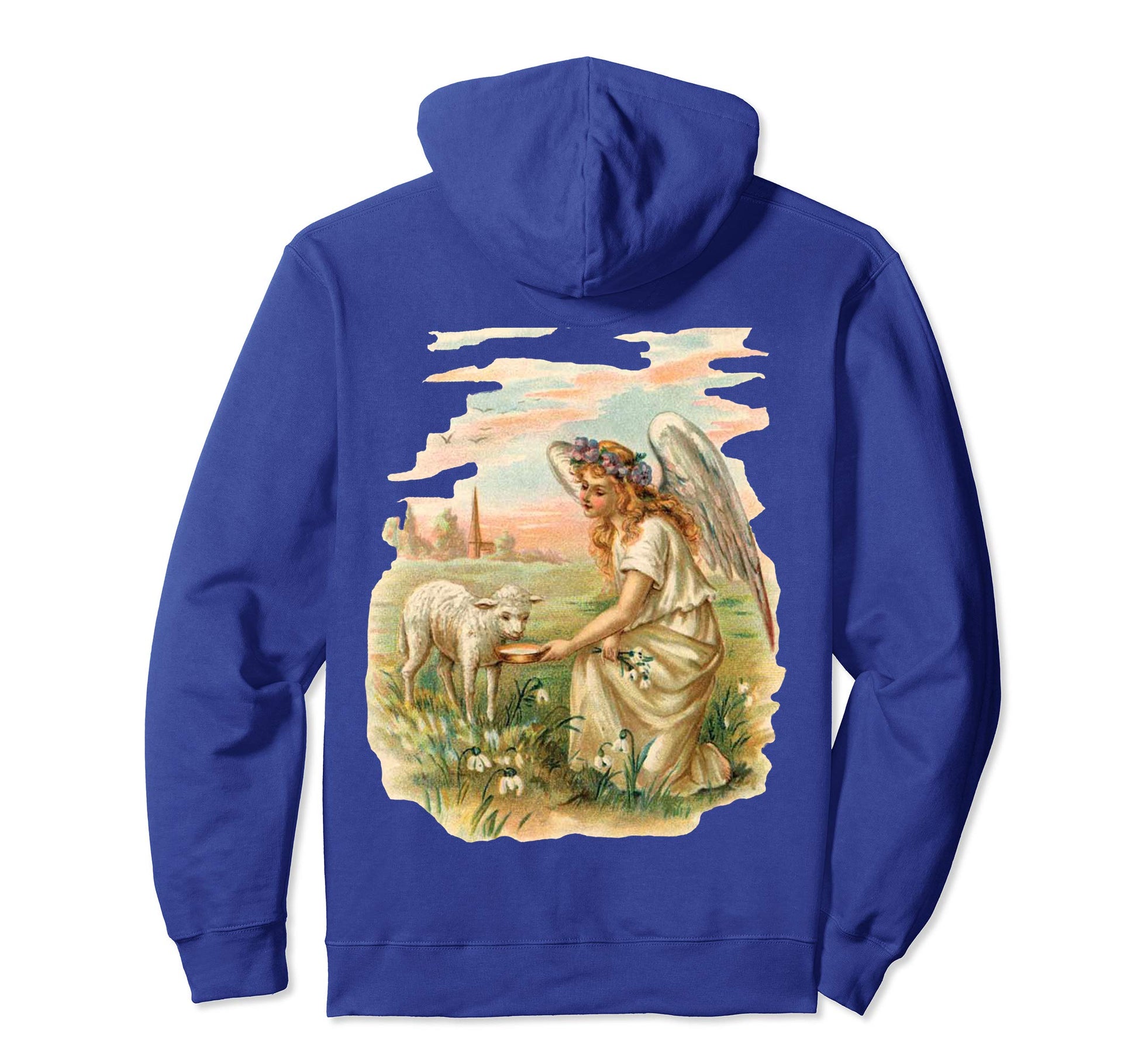Pullover Hoodie Sweatshirt with Angel Feeding Lamb Royal Blue