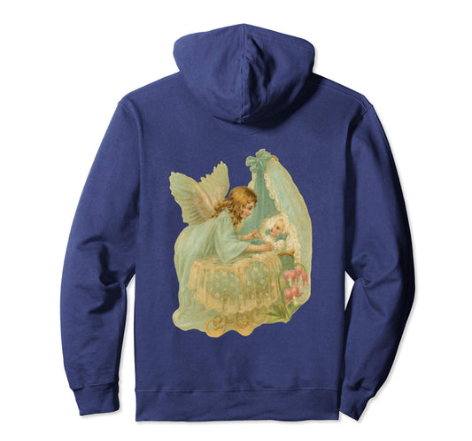 Pullover Hoodie Sweatshirt with Angel over Bassinet Navy