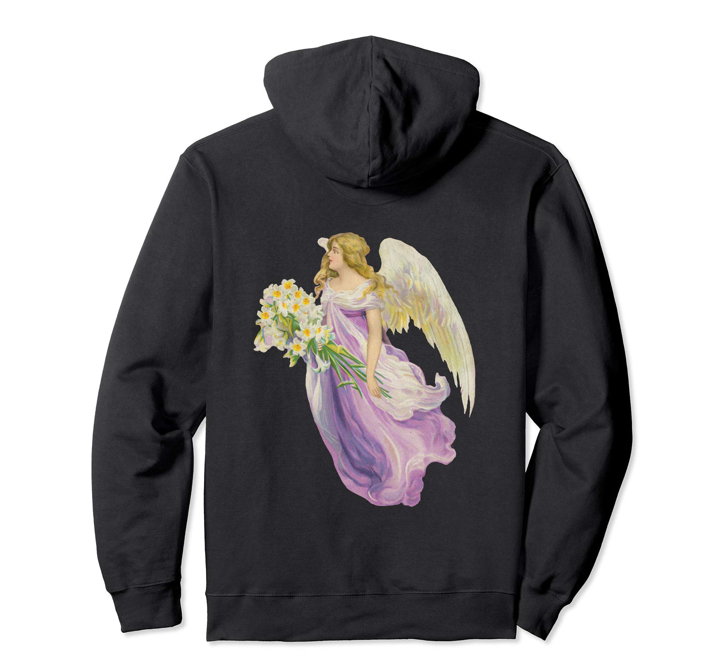 Unisex Pullover Hoodie Sweatshirt with Purple Angel and Lilies Black