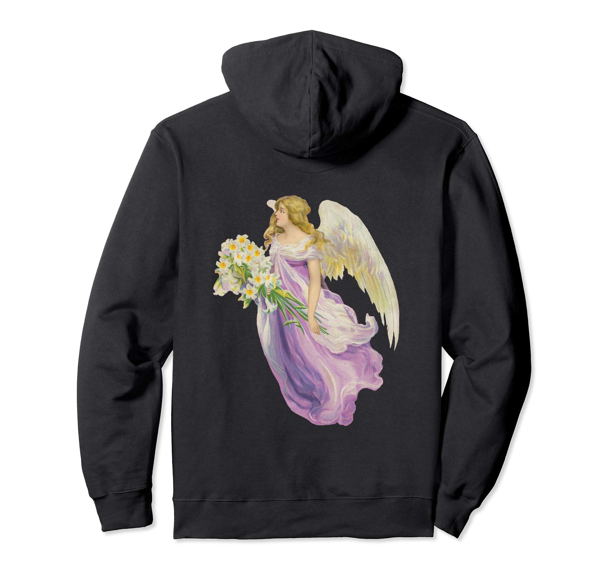 Unisex Pullover Hoodie Sweatshirt with Purple Angel and Lilies Black