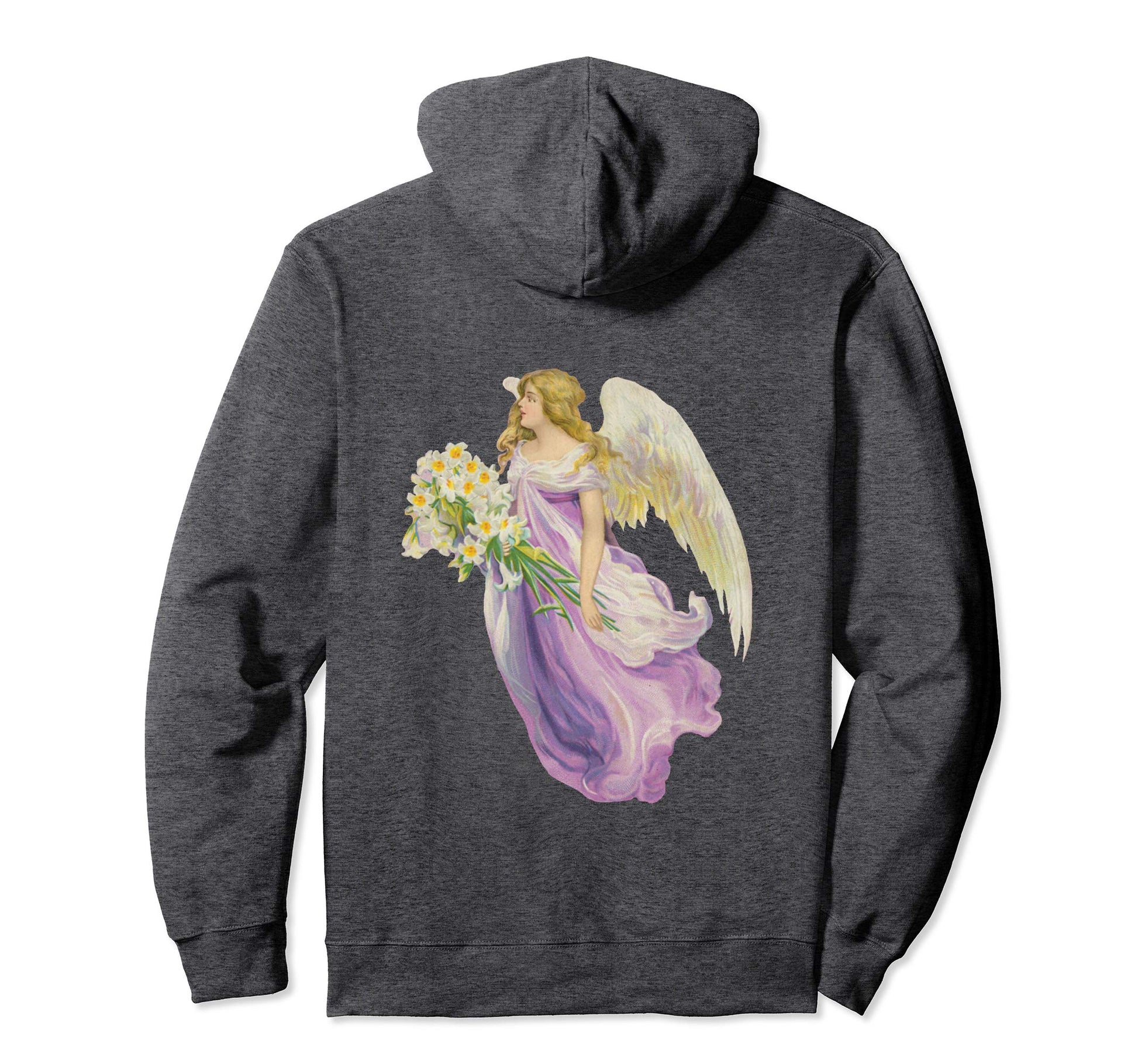 Unisex Pullover Hoodie Sweatshirt with Purple Angel and Lilies Grey